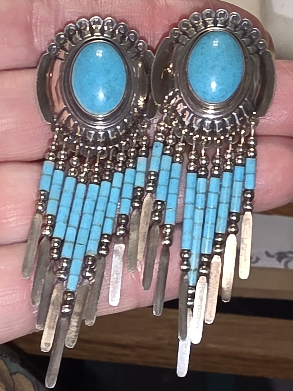 Turquoise Fringe Drop Earrings - Blue Statement Earrings
